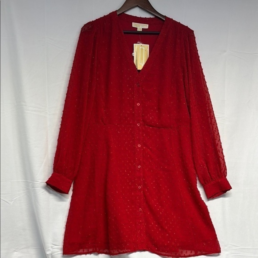 Michael Kors kare mini red front button up long sleeve stunning lined dress XL